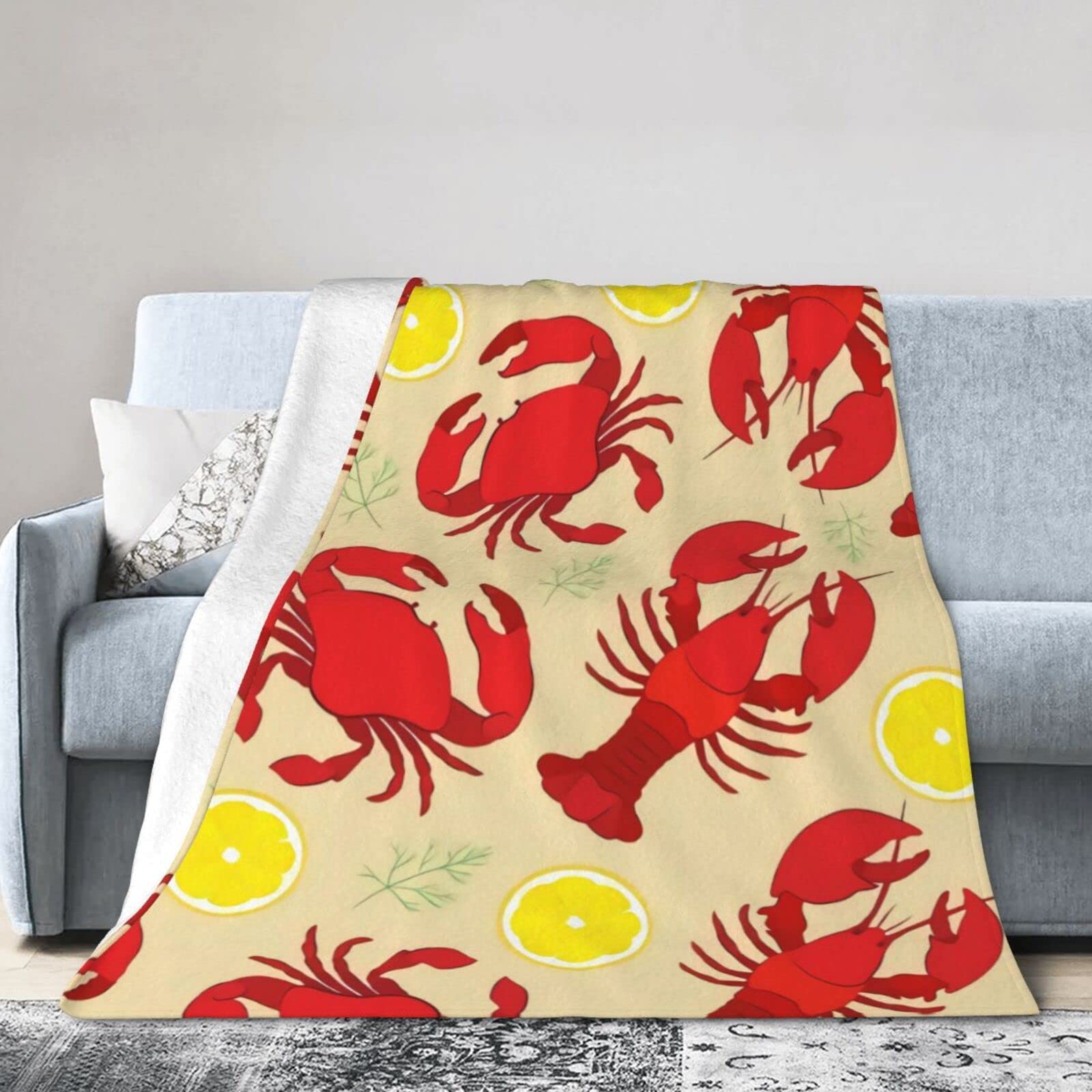 Lobster and Crab Soft Micro Flannel Blanket Throw, Warm Cozy Lightweight Decorative Blanket for Sofa Couch Bed, Printed Blanket Gifts for Kids Girls Boys Women Men