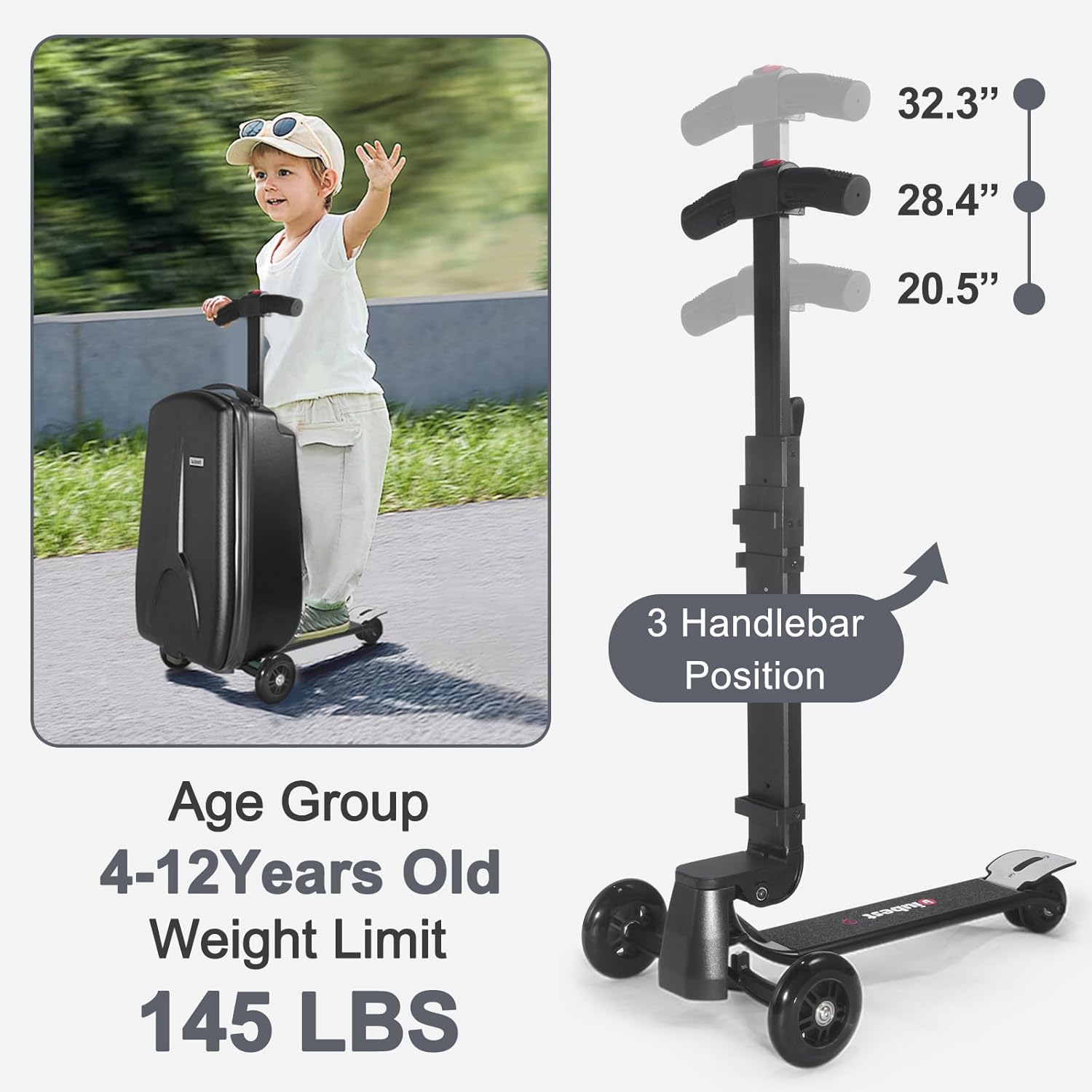 Scooter Luggage for Kids Scooter Suitcase For Ages 4-12, 4 in 1 Kids Suitcase Boarding luggage Detachable & Foldable Scooter Travel Trolley Ride On Luggage -Black