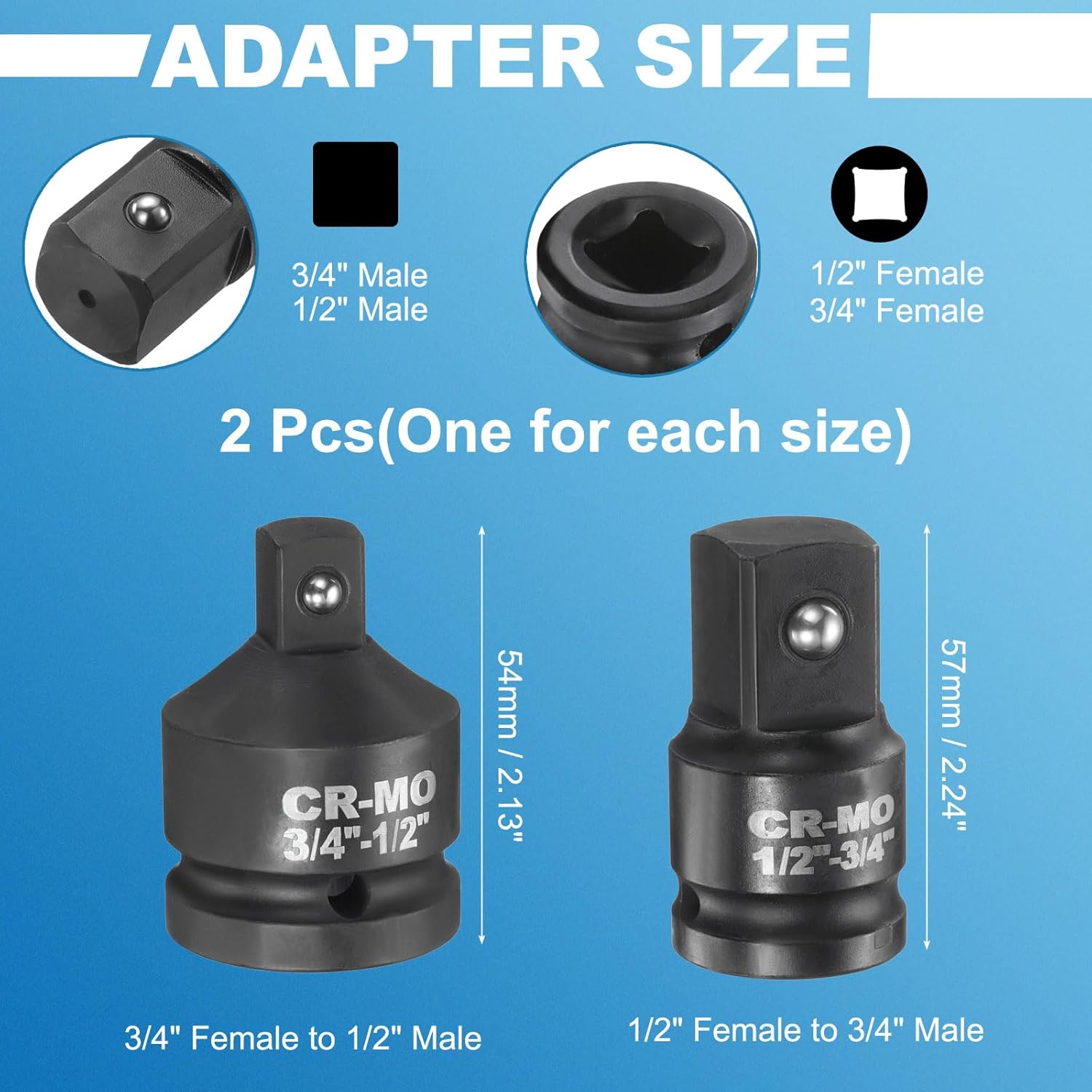 HARFINGTON 2pcs Impact Socket Adapter Reducer Increaser Set 3/4" to 1/2" 1/2" to 3/4" Square Drive Standard SAE CR-MO Steel Converter for Impact Driver Ratchet Wrench