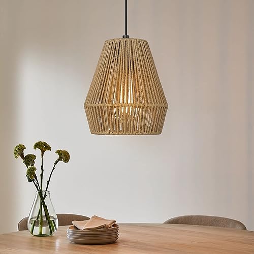 ELYONA Woven Pendant Lights, 7” Rustic Rattan Hanging Lamp Adjustable