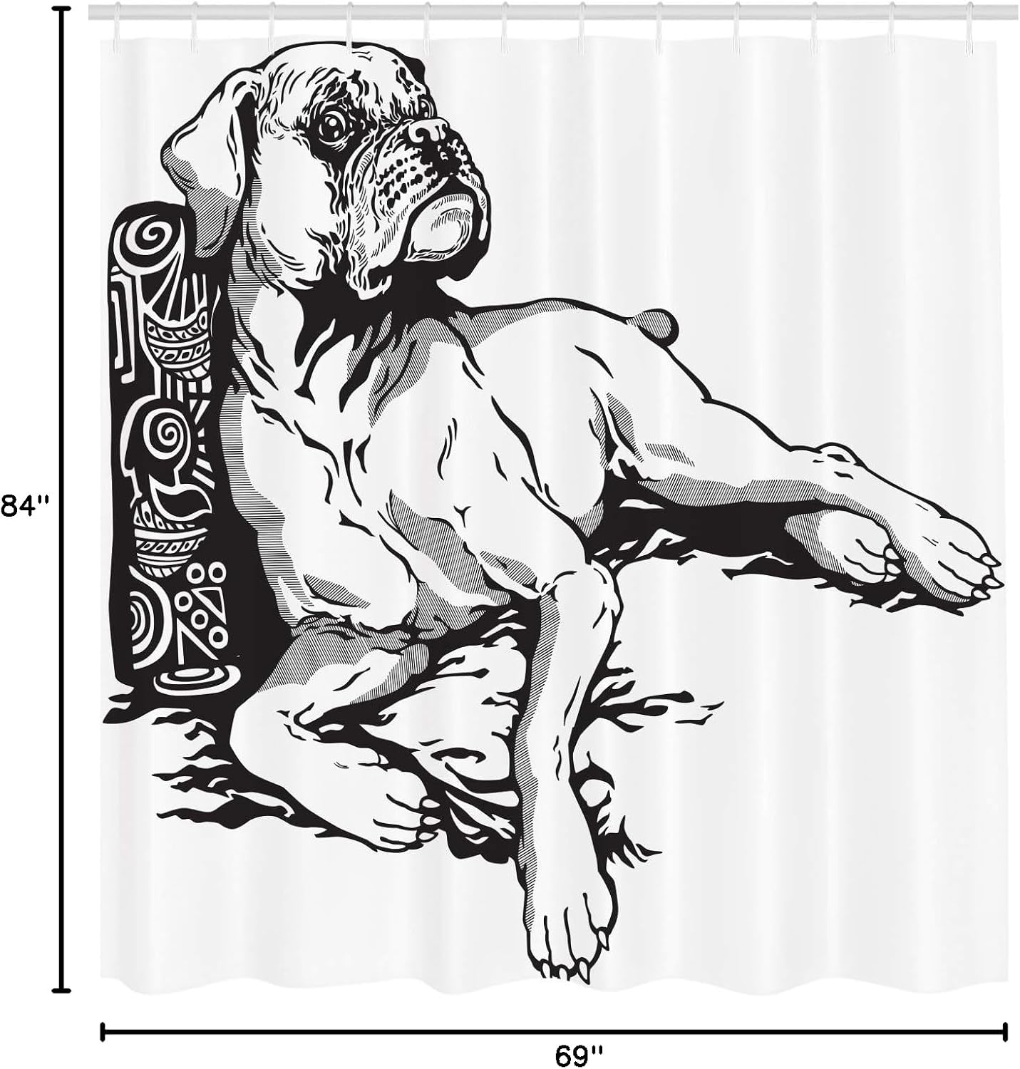 Ambesonne Boxer Dog Shower Curtain, Monochrome Illustration of an Animal Detailed Canine Hand Drawn, Cloth Fabric Bathroom Decor Set with Hooks, 69" W x 84" L, Charcoal Grey and White