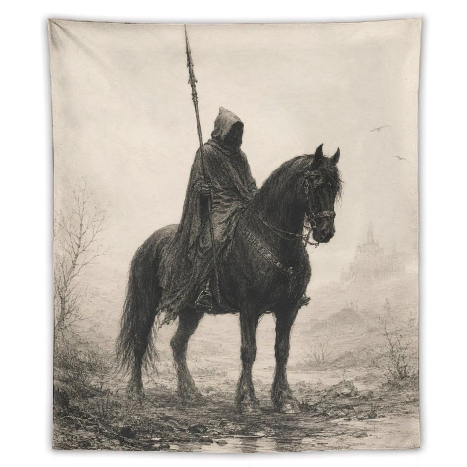 H3B8U2Y5 Lone Horseman Wall Tapestry, Asian Ink Style, College Dorm