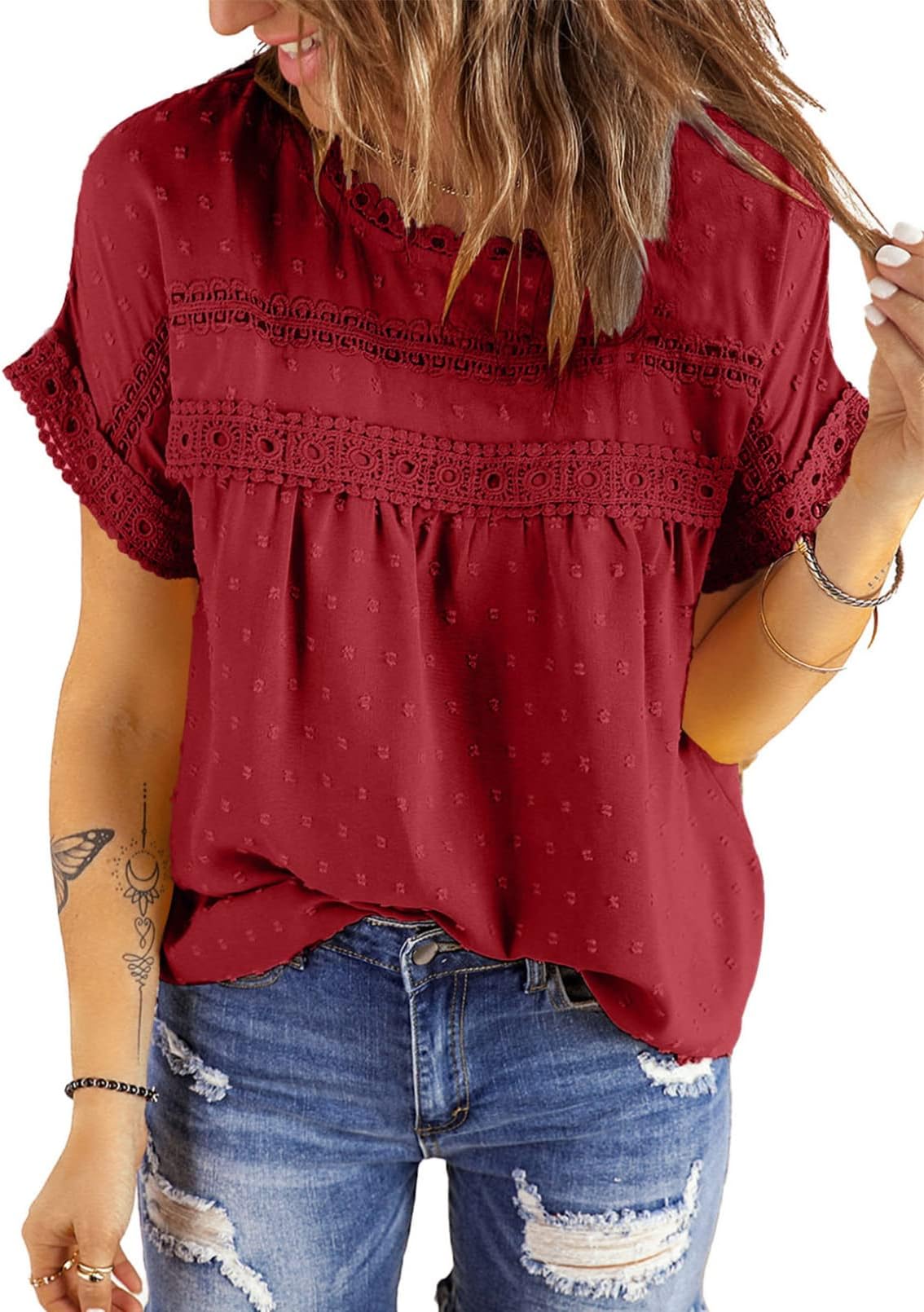 Womens Summer Tops Crewneck Lace Crochet Short Sleeve Shirts Casual Chiffon Blouses