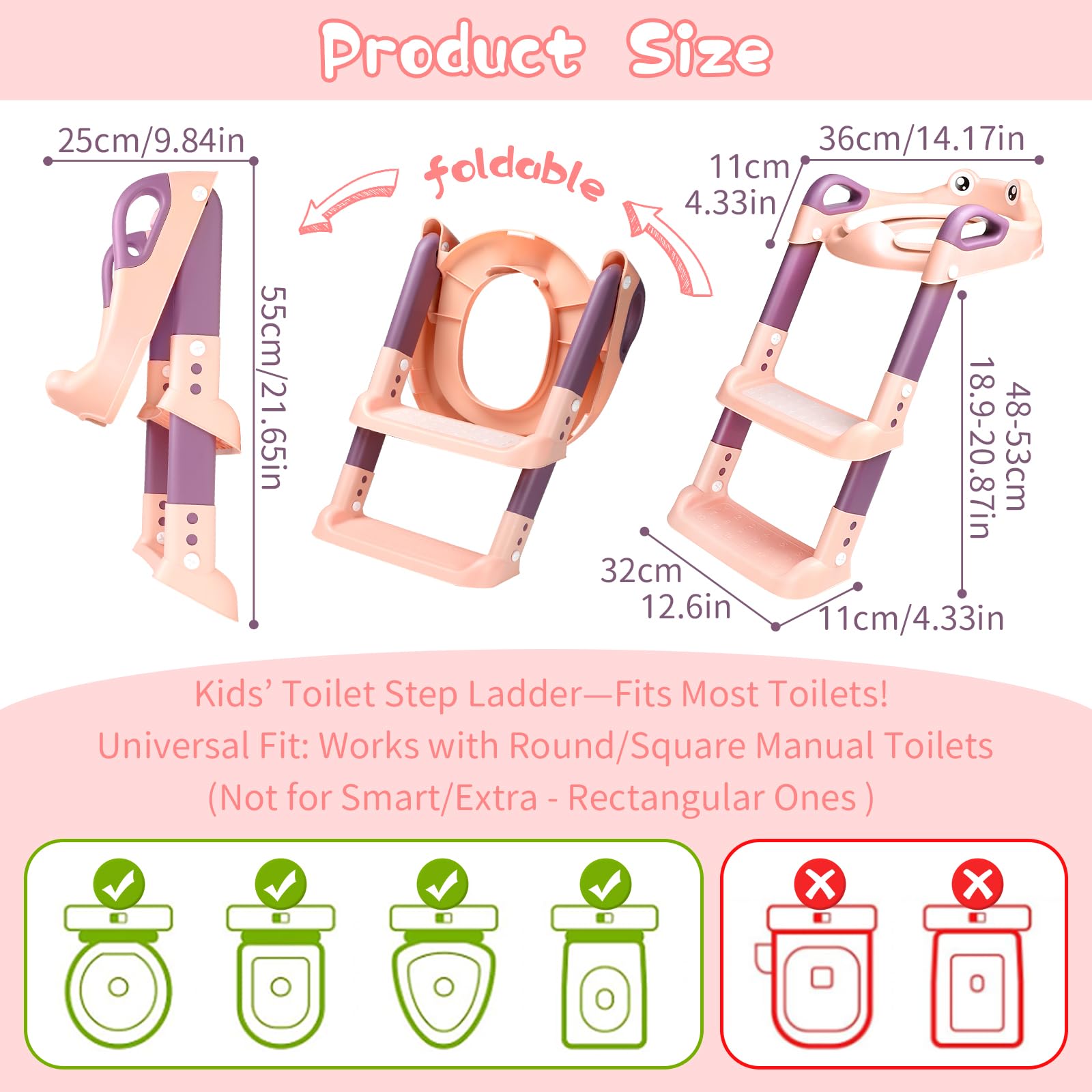 Sedile WC per Bambini con Scale, WC per Bambini, 2 in 1, con Scale, per Ragazzi e Ragazze, Sedile WC con Poliuretano, Regolabile in Altezza e Pieghevole, Antiscivolo con Spritzsc