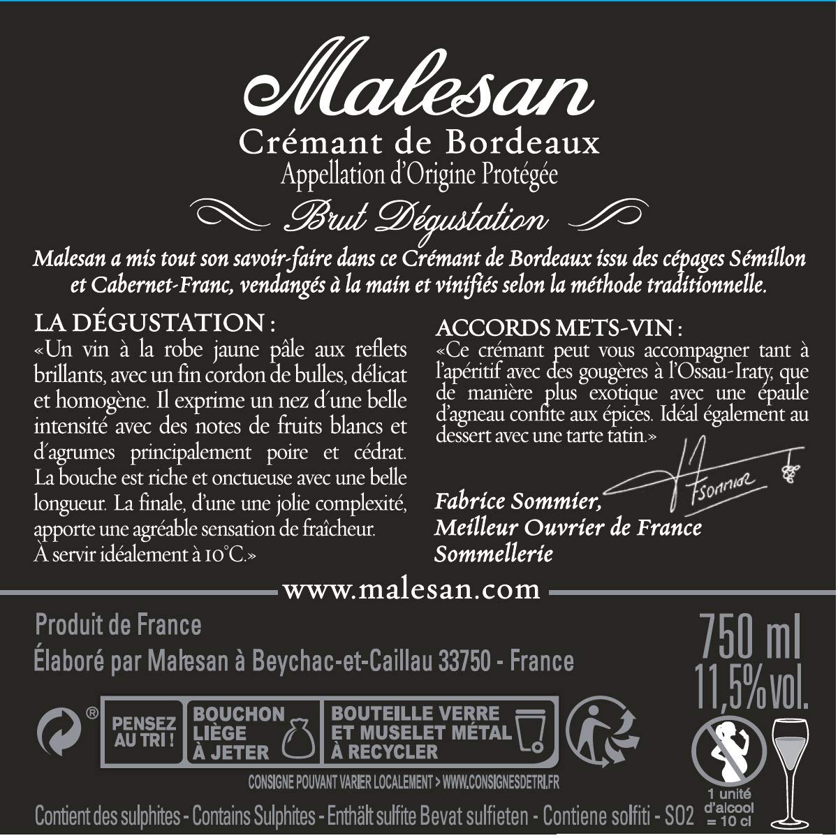 Malesan Brut Dégustation - DOP Crémant De Bordeaux - Méthode Traditionnelle - Lote De 6 Botellas X 75 cl
