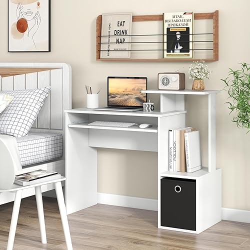 Miniatura 4 de Tangkula Escritorio para computadora con cajón de tela y bandeja para teclado, escritorio de estudio que ahorra espacio con estantes de