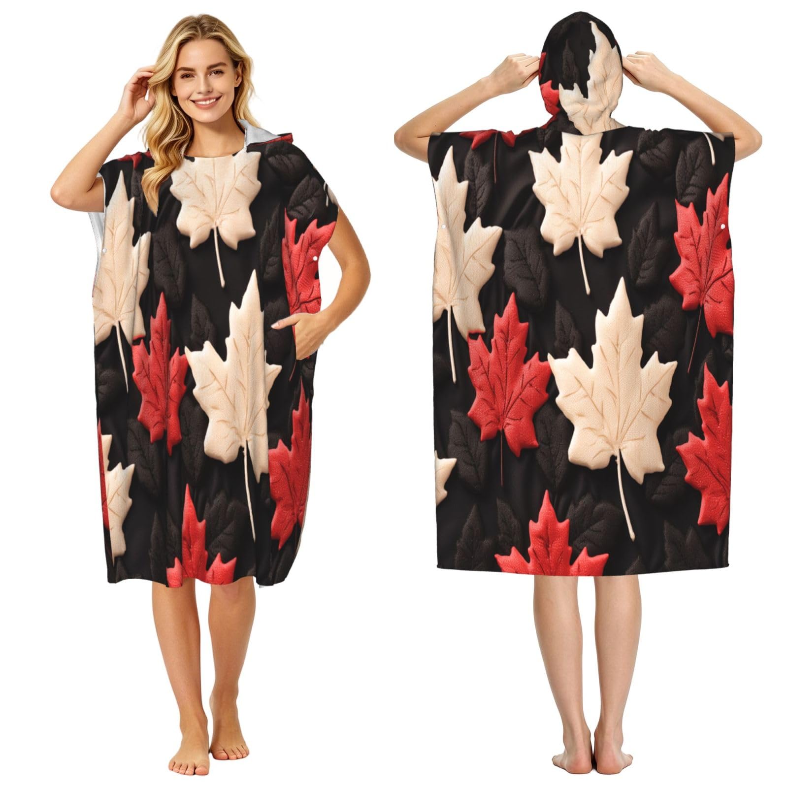 KLGRTJHK Red And White Maple Leaves Adult Hooded Beach Poncho Towel 43"X35"