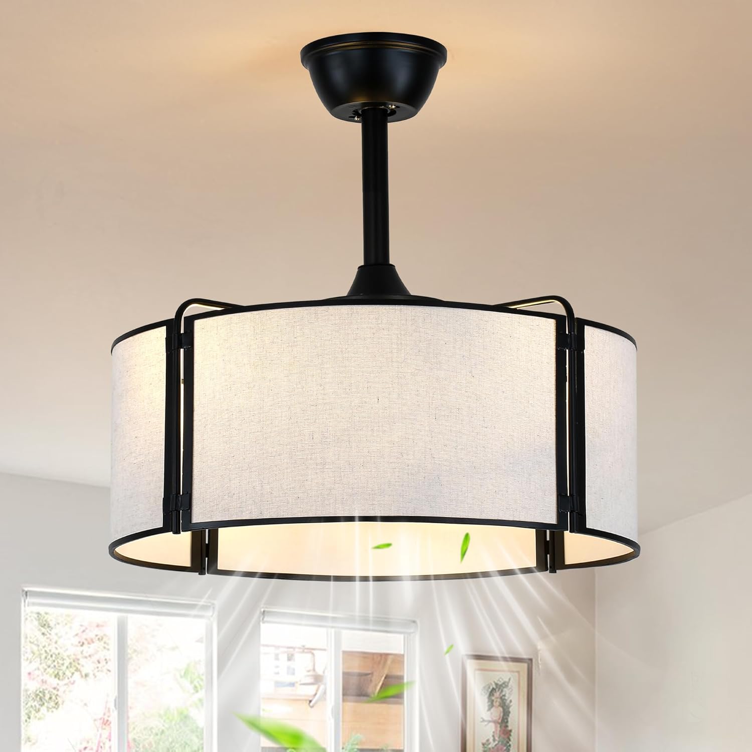 19.2 Inch Boho Fandelier Ceiling Fan with Lights Remote Control Rustic Caged Ceiling Fan Black Bladesless Chandelier for Bedroom Living Room, Reversible 6 Speeds, 4 E26 Bulbs (Not Included)