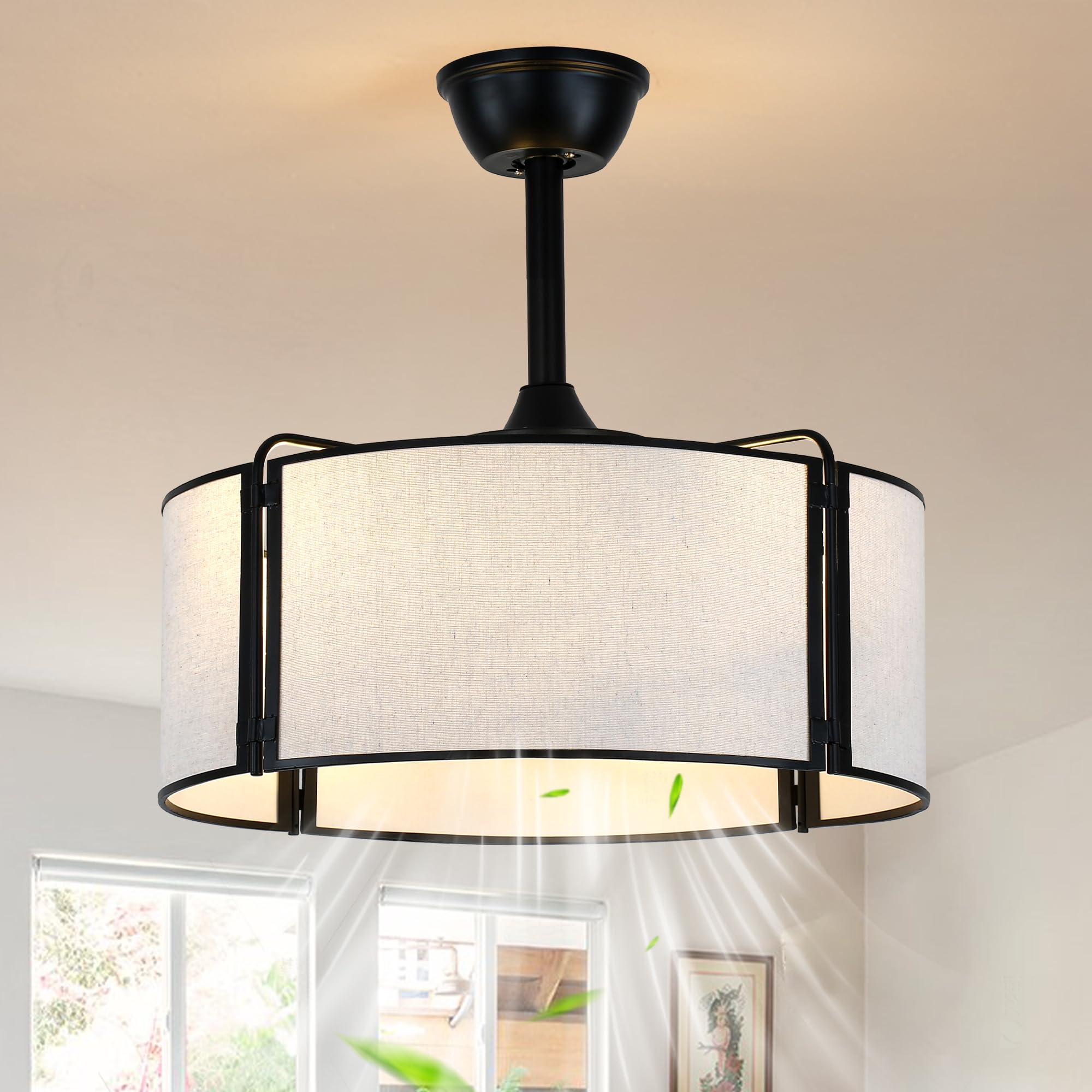 19.2 Inch Boho Fandelier Ceiling Fan with Lights Remote Control Rustic Caged Ceiling Fan Black Bladesless Chandelier for Bedroom Living Room, Reversible 6 Speeds, 4 E26 Bulbs (Not Included)