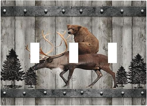 Cubierta de interruptor de luz decorativa de 3 bandas con diseño de oso de ciervos y animales placa de pared decorativa de triple palanca placa de