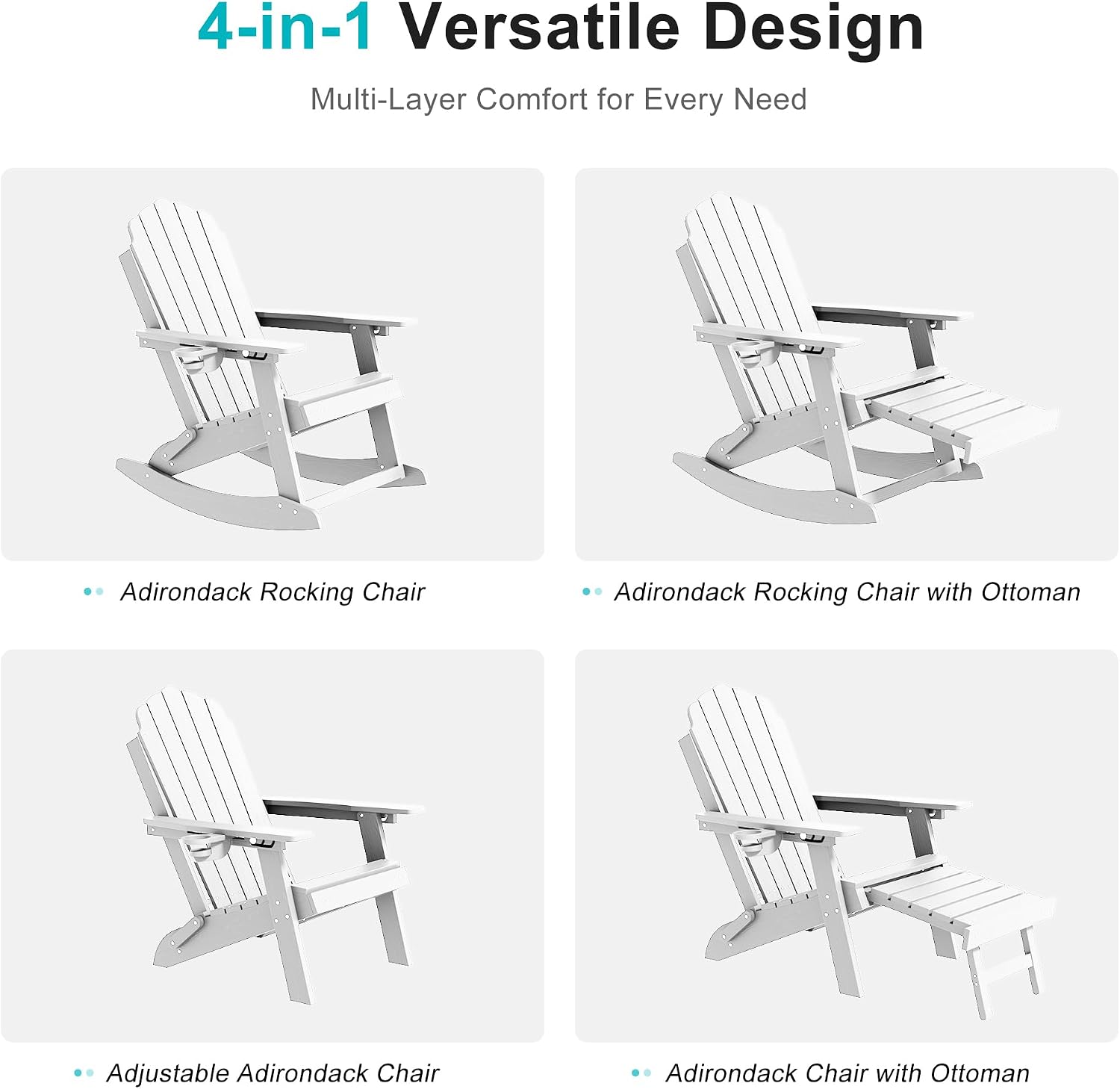 HDPE Outdoor Rocking Chairs Set of 2, 4-in-1 Folding Adirondack Chair with Retractable Ottoman, Patio Rocker with 3-Position Adjustable Backrest & Cup Holder for Porch, Backyard, Pool, White