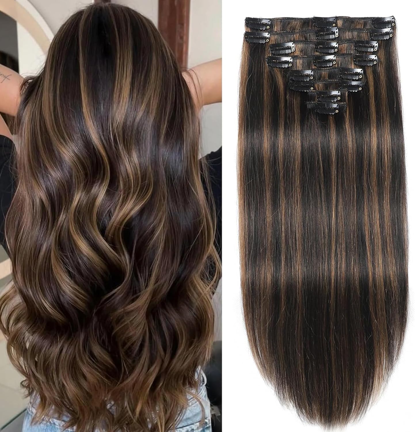 Balayage Natural Black to Chestnut Brown Clip in Hair Extensions Real Human Hair Clip ins Remy Invisible Natural Straight Seamless Clip on Hair Extensions 8pcs Double Weft 20 Inch 105g