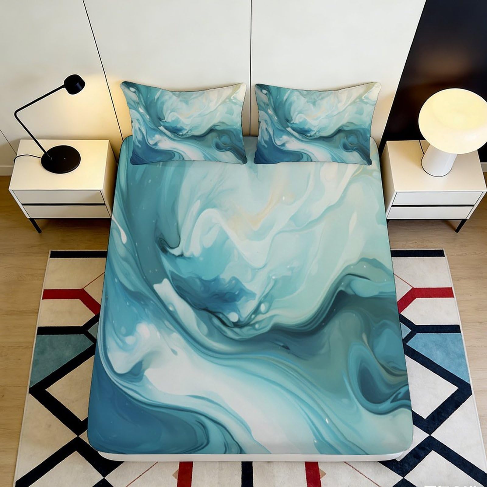 3D Printed Blue Marble Fitted Sheet Microfiber Soft Artistic Swirl Mattress Cover for Bedroom Dorm Protective Decor 90x200x25cm