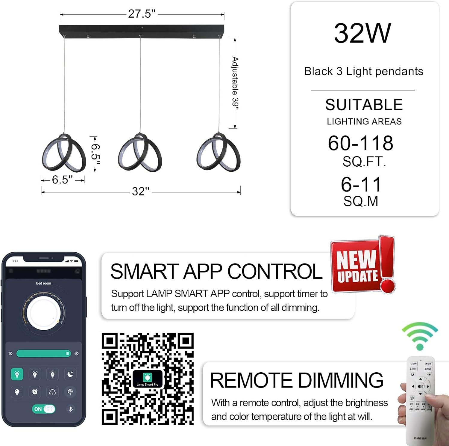 Modern Island Chandeliers - Remote & Smart APP Adjustable Dimming, Glowing Bright in 60-118 Sq.Ft., Black Ceiling Lights for Kitchen, Dining, Bedroom (Set of 3 Pendants)