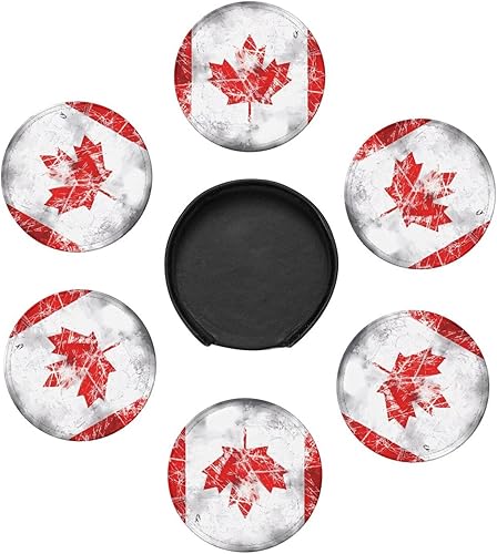 Miniatura 7 de Drink Coasters Set of 6, Retro Canada Flag Printed PU Leather Round Coaster with Holder for Outdoor, Office, Bar, Funny Heat-Resistant Home Desk