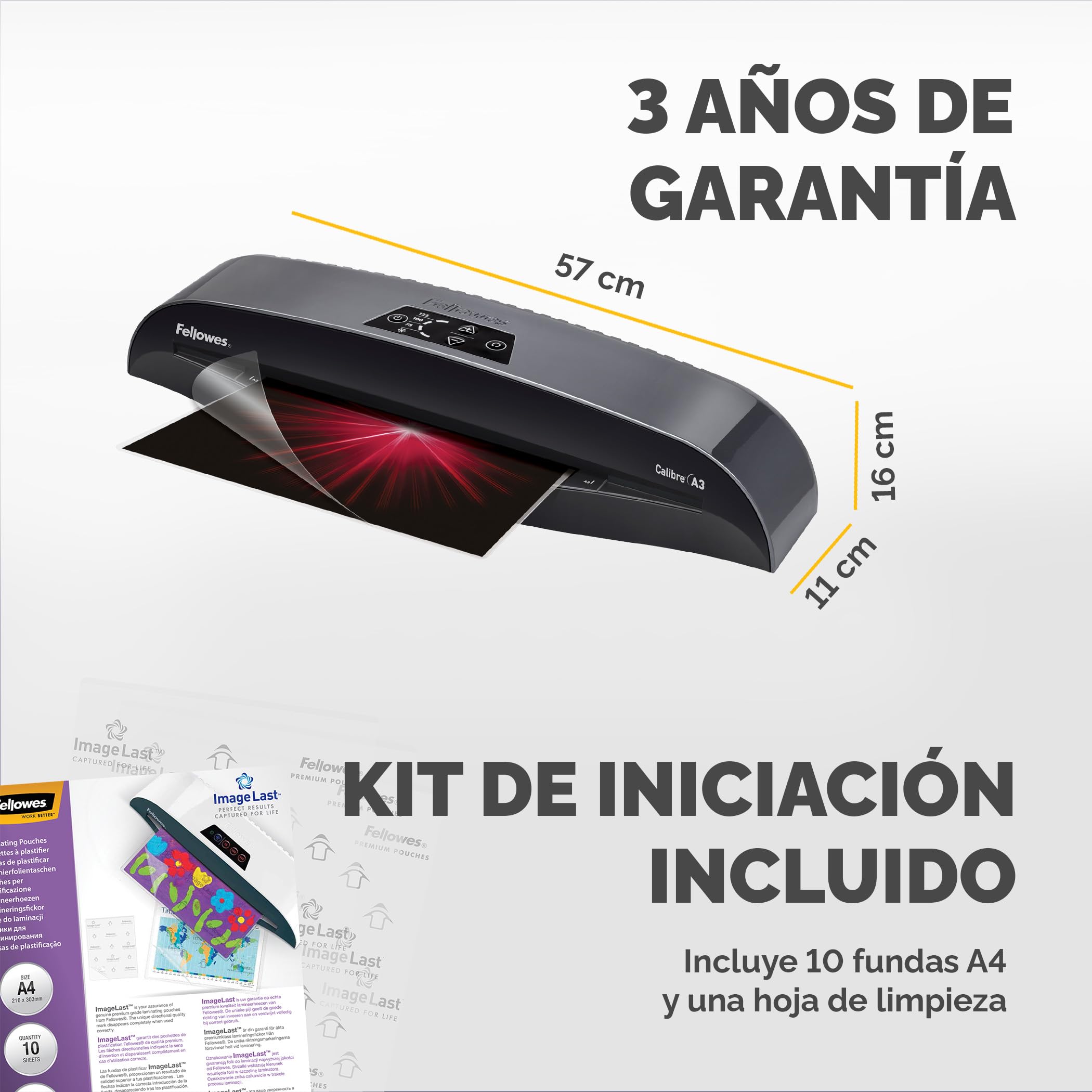 Fellowes Plastificadora A3 Calibre para pequeñas oficinas,1 minuto de calentamiento con apagado automático y modo de reposo, 80-125 micras, Incluye 10 fundas de plastificación A4, Negro