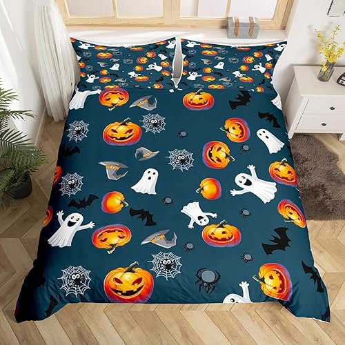 Funda de edredón de Halloween para niños, tamaño individual, juego de ropa de cama de calabaza de dibujos animados para niños y niñas, funda de