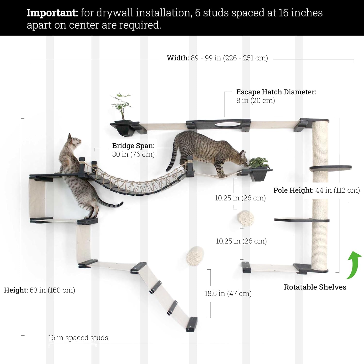 Catastrophic Creations Juggernaut Modern Cat Condo with Cat Bridge, Shelves, Hammocks, Scratching Poles & Planters – Space-Saving Vertical Cat Furniture