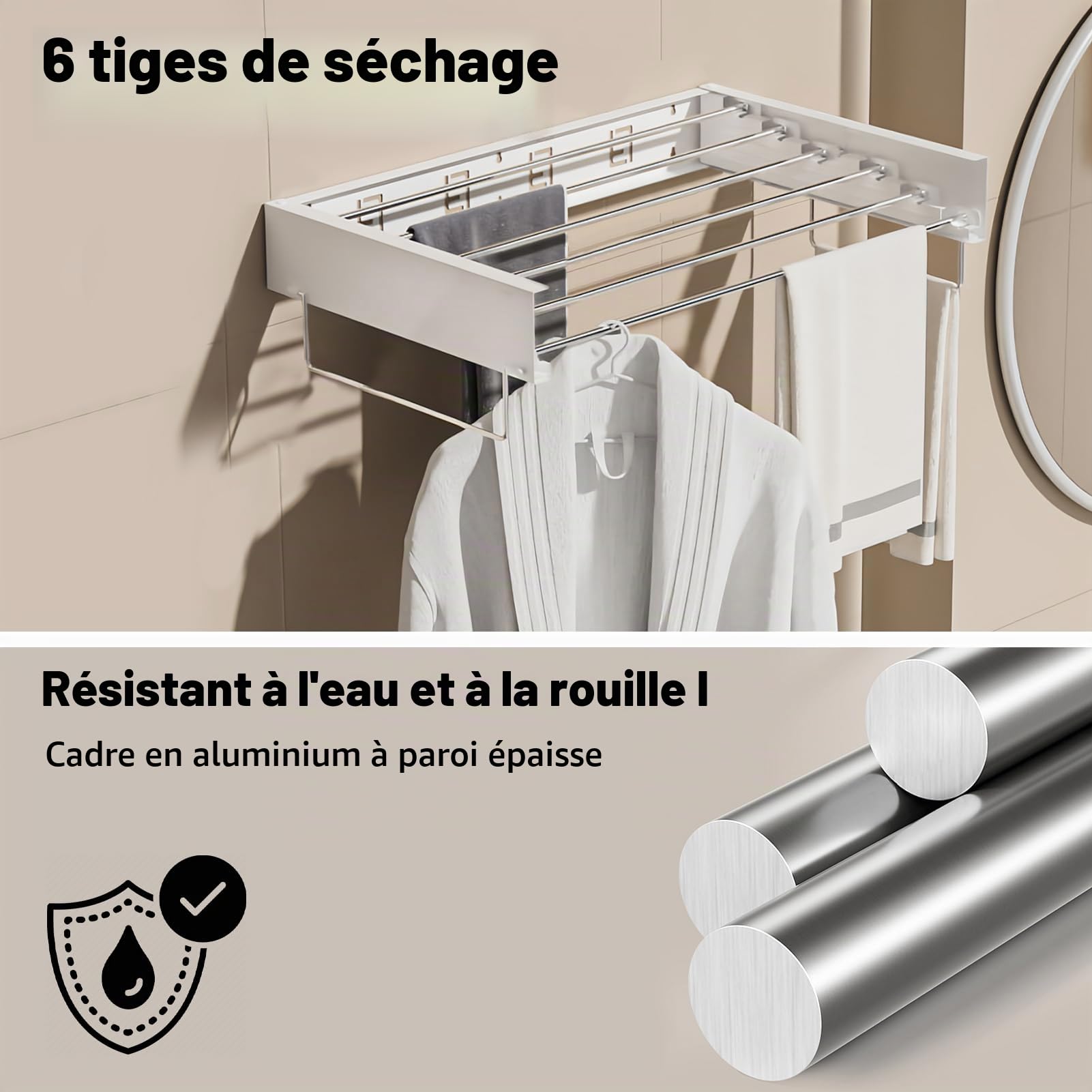 Etendoir a linge mural, sechoir linge mural pour sécher les vêtements, 39,4'', capacité de charge de 110 lb, avec gabarit mural, tournevis, foret pour organisation intérieure et extérieure (100cm)