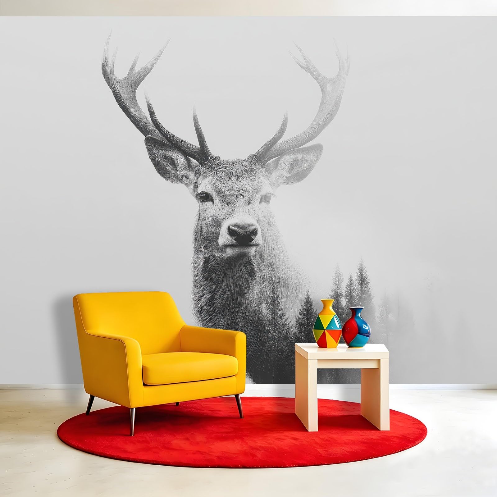 Générique Ręcznie rysowana tapeta z włókniny leśnej 200 x 140 cm, tapeta z dzikimi zwierzętami panoramiczny jeleń, łatwa do zainstalowania dekoracja ścienna do salonu, sypialni, kuchni