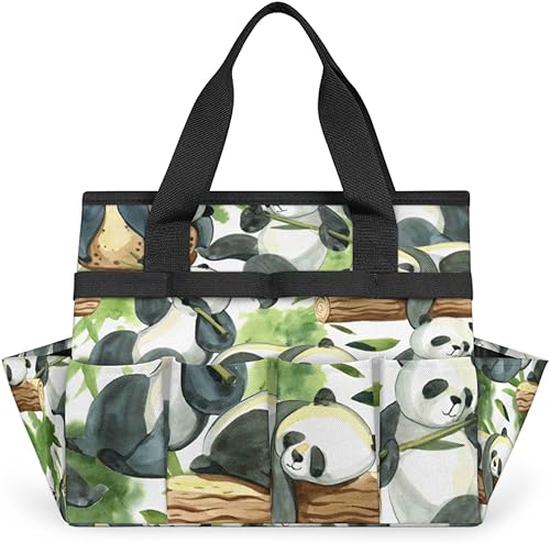 Watercolor Pandas Garden Tool Tote Bag for Women Men Gardening Tool Storage Bags with 10 Pockets Standable Garden Home Tool Kits Organizer for