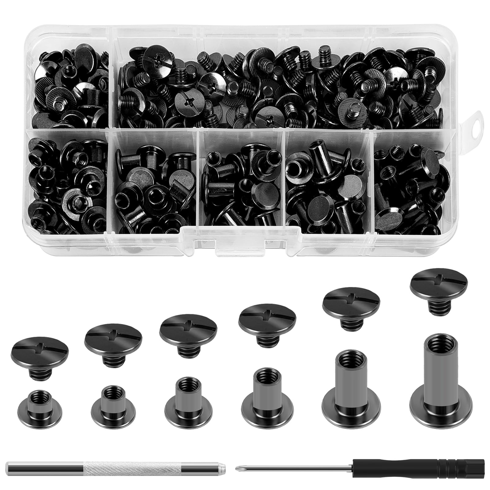 110 Set Chicago Screws, M5 x 4/5/6/8/10/12mm Chicago Screws Assorted Kit with Setting Tools, Book Binding Rivets Posts, Metal Flat Cross Head Screw Rivets for DIY Leather Decoration
