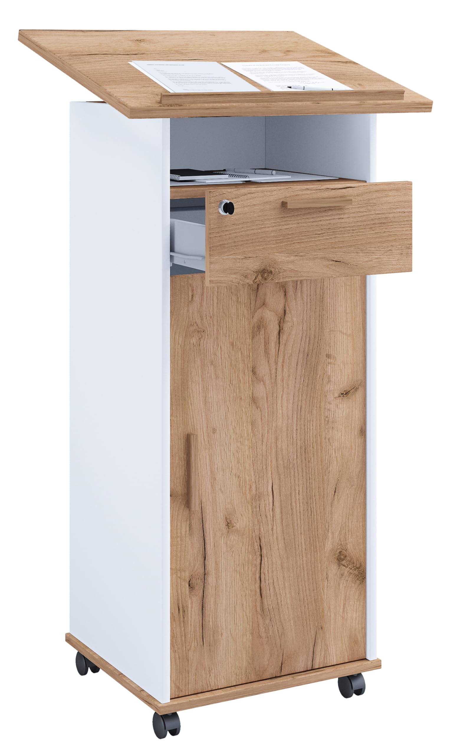 VCM Holz mobiles Rednerpult – höhenverstellbare Oberplatte, abschließbare Schublade, 4 Rollen