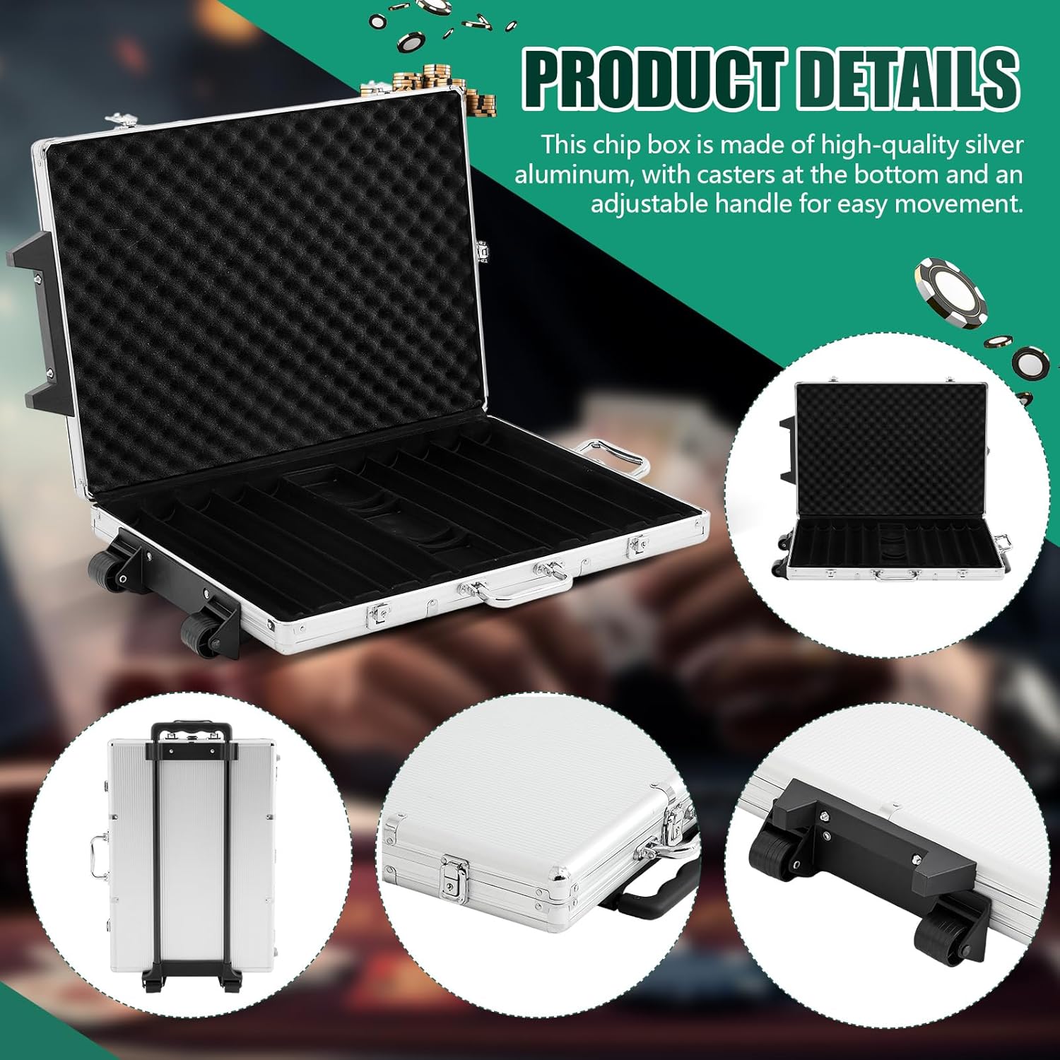1000 Pcs Large Capacity Rolling Poker Chip Case Empty with Wheels and Telescoping Handle, 23.6" x 15" Aluminum Trolley Storage Case for Casino Tournament Travel (No Chips Included)