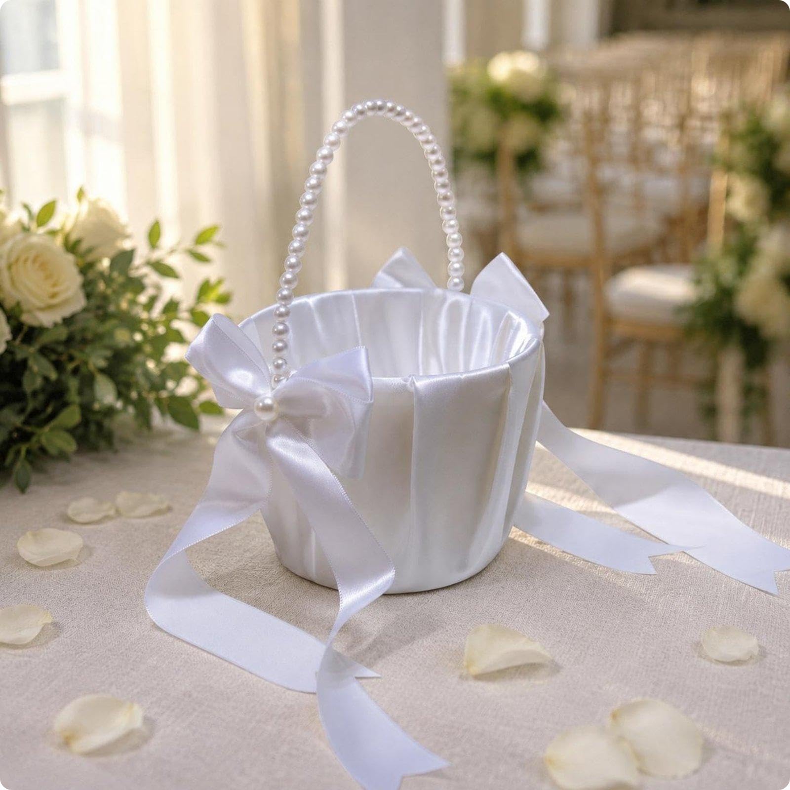 Wedding Flower Girl Ribbon-Trimmed Basket Decoration Satin Flower Girl Basket Romantic Design Aesthetic for Girls, Kids, Symbol Bearer Moment White-image-7