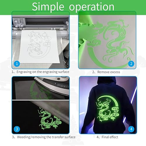Miniatura 4 de Vinilo de transferencia de calor que brilla en la oscuridad, 6 hojas de vinilo de 12 x 10 pulgadas, poliuretano HTV luminoso fluorescente para