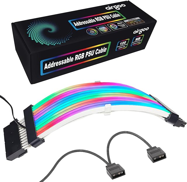 Airgoo Addressable RGB Power Extension Cable, 24 Pin ATX RGB Cable with Customized Diffused Neon LED Strips, 120 LEDs Super Bright for 5V 3-pin Aura SYNC, Gigabyte RGB Fusion, MSI Mystic Light Sync