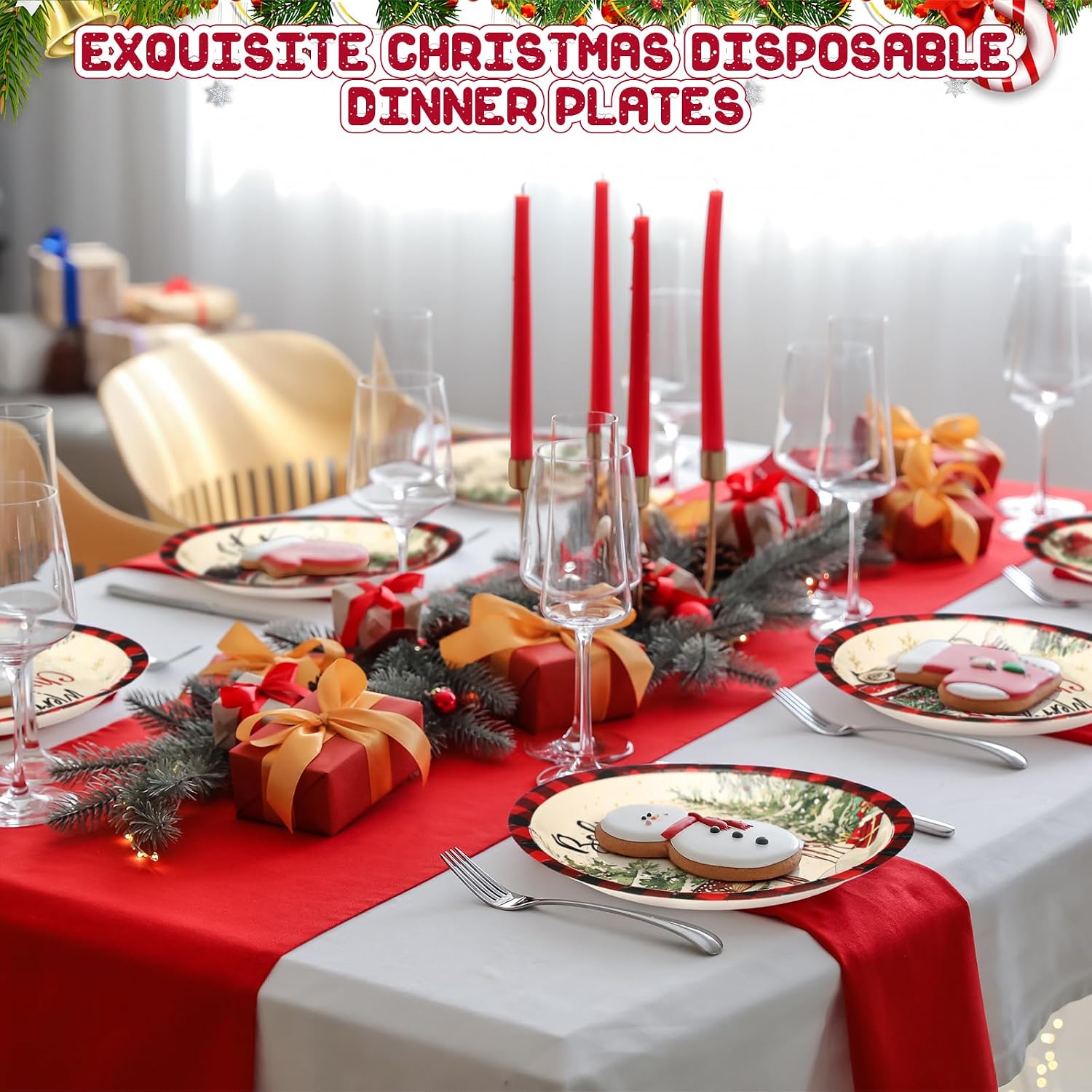100 Pcs Christmas Paper Plates Disposable 9 Inch Black and Red Plaid Snowman Dinner Round Plates for Xmas Holiday Birthday Party Table Decor