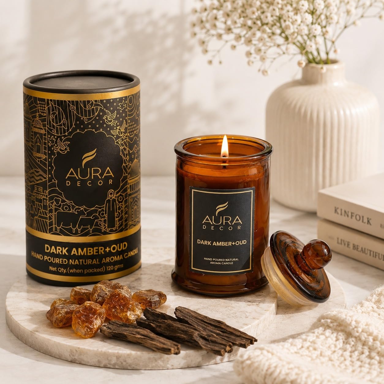 AuraDecor Scented Tomb Lid Jar Candle Organic Aroma Candles Soy Wax, Aromatic/Aromatherapy Fragrance Votive Candle (Dark Amber + Oud)-image-4