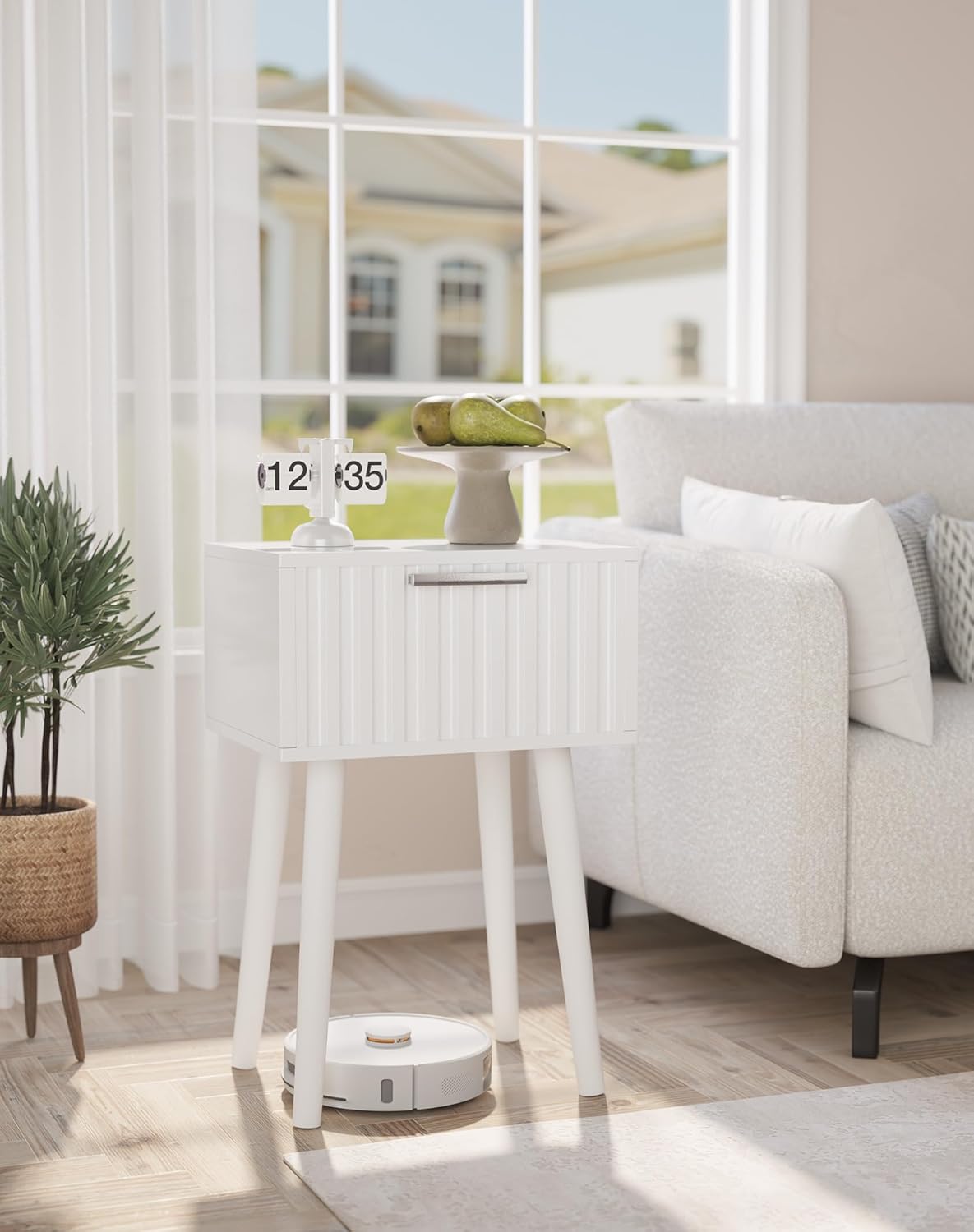 YMYNY Fluted Nightstand Set of 2, Small End Table, Modern Coffee Table with Drawer, Solid Wood Legs, Retaining Chain, 13.8" x 10.6" x 20.9", for Bedroom and Small Spaces, White UHST014W-2