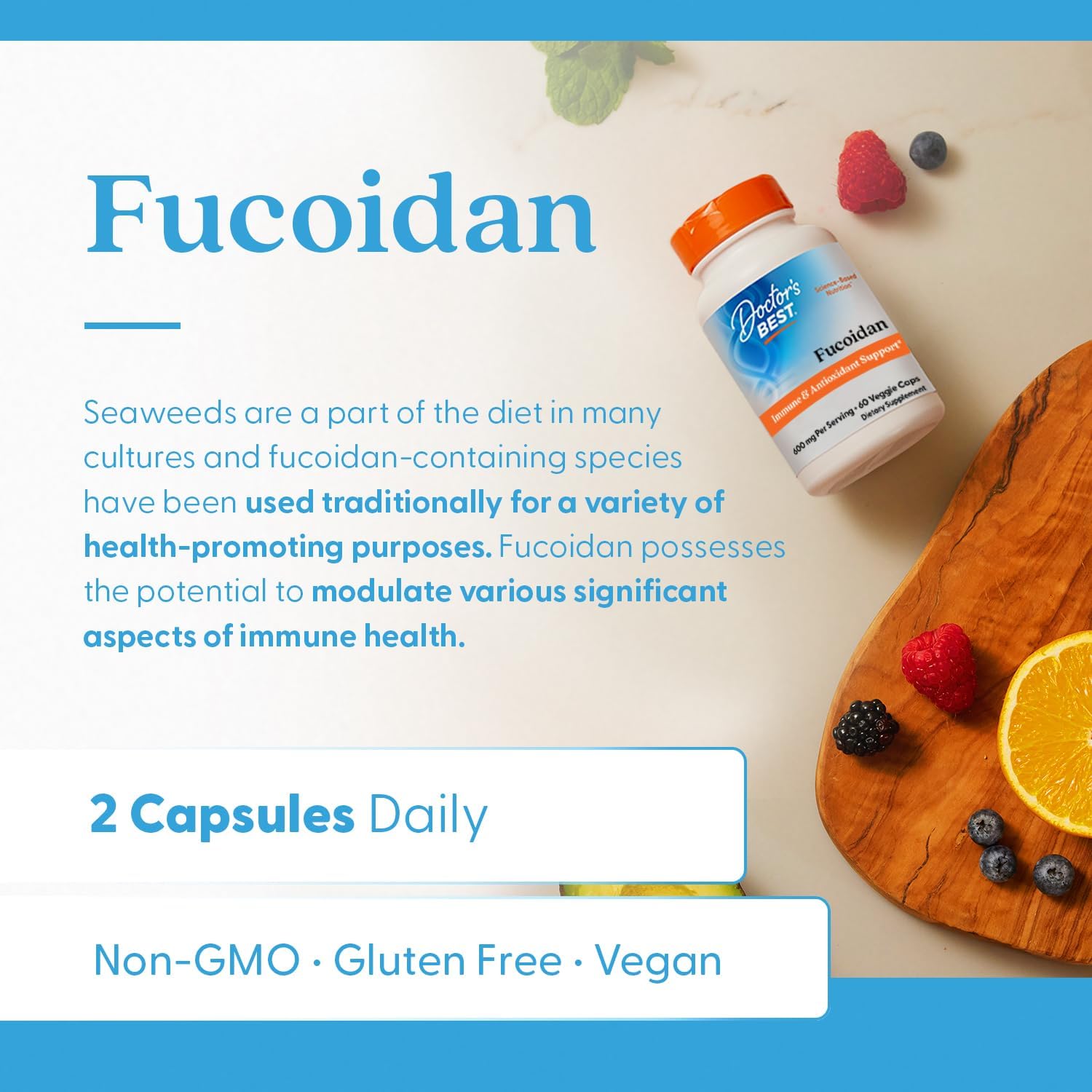 Doctor's Best Fucoidan Supplement for Men & Women - Fucoidan Extract Capsules from Seaweed, Immune Health & Antioxidant Support, 600 mg Per Serving, Gluten Free, Non-GMO, Vegan - 60 Veg Caps