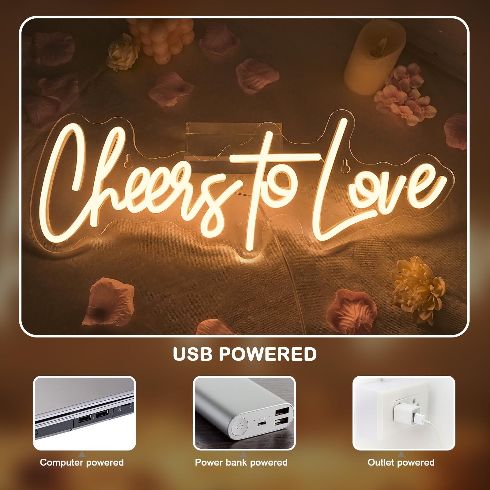 Looklight Cheers to Love Enseignes au néon Blanc chaud Conduit Néon Lumière Alimenté par USB Lettres acryliques Cheers Led Sign pour chambre à coucher Mariage Anniversaire Proposition Décor