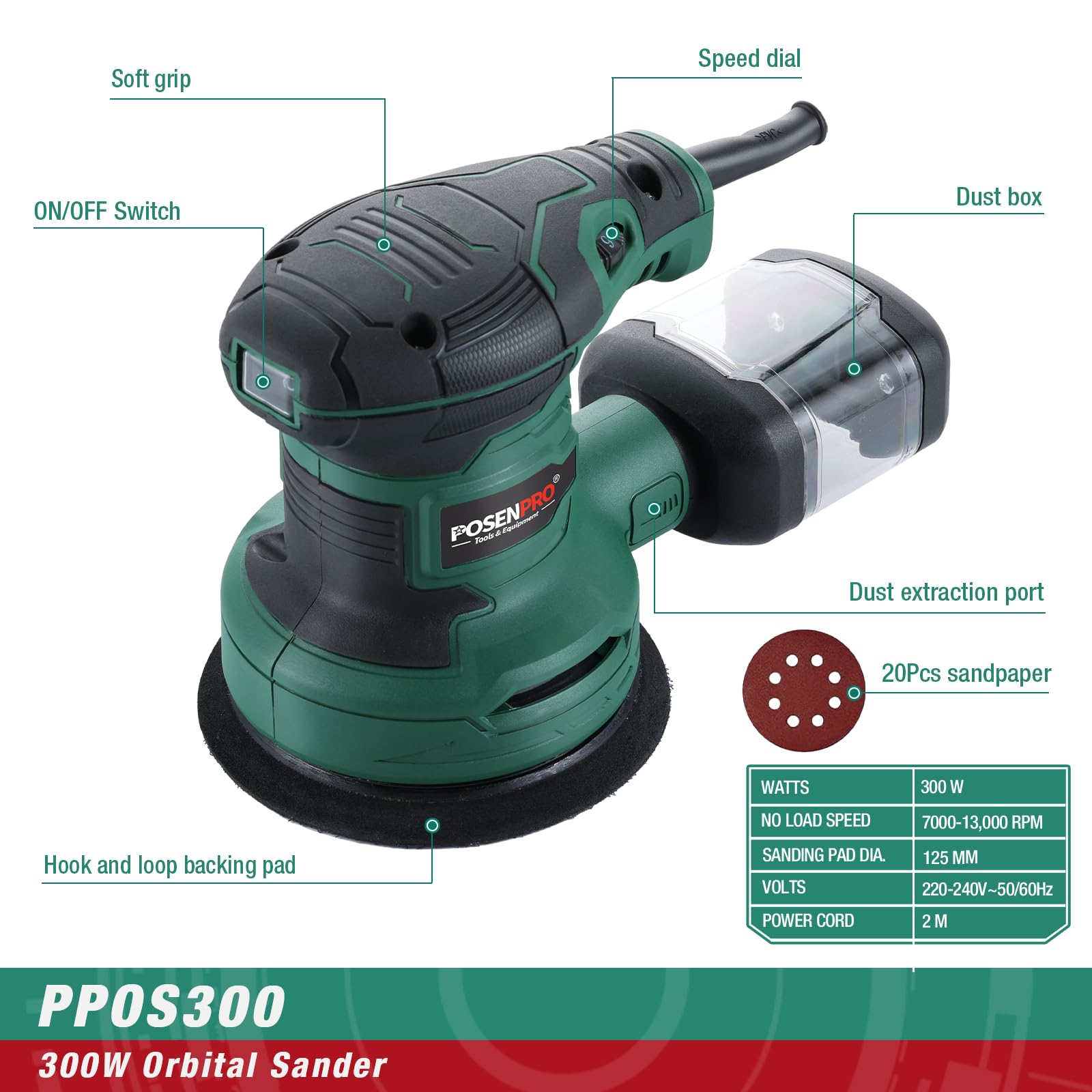 POSENPRO Ponceuse Excentrique 300W, Ponceuse Orbitale Aléatoire Ø125mm, 6 Vitesses Variables, 7,000 à 13,000 Orb/min, 20Pcs Disque Abrasif, Ponceuse Bois avec Collecte de Poussière pour le Polissage