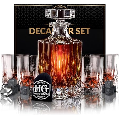 Whiskey Decanter Set with 4 Glasses and 9 Cooling Whisky Stones, Funnel for Rum, Scotch, Bourbon, Liquor Crystal Clear Whiskey Decanter Sets for Men Bourbon Gifts for Men Decanter (Diamond Glass)