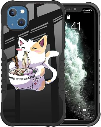 Compatible iPhone 13/14 Case, Shockproof, Anti-Scratch, Cat Kawaii Design, Black
