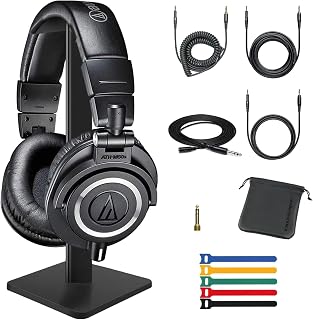 Audio-Technica ATH-M50x Closed-Back Professional Monitor Headphones (Black) with Hosa Technology 25' Extension Cable, Waith Headphone Stand (Black) & Reusable 6" Cable Ties (5 Colors) Essential Bundle