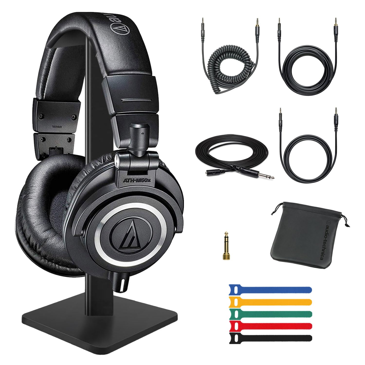 Audio-Technica ATH-M50x Closed-Back Professional Monitor Headphones (Black) with Hosa Technology 25' Extension Cable, Waith Headphone Stand (Black) & Reusable 6" Cable Ties (5 Colors) Essential Bundle