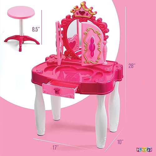 Miniatura 5 de Play22 Juego de tocador para niñas con espejo y taburete, 21 piezas, juego de mesa de maquillaje para niños con luces y sonidos, incluye accesorios