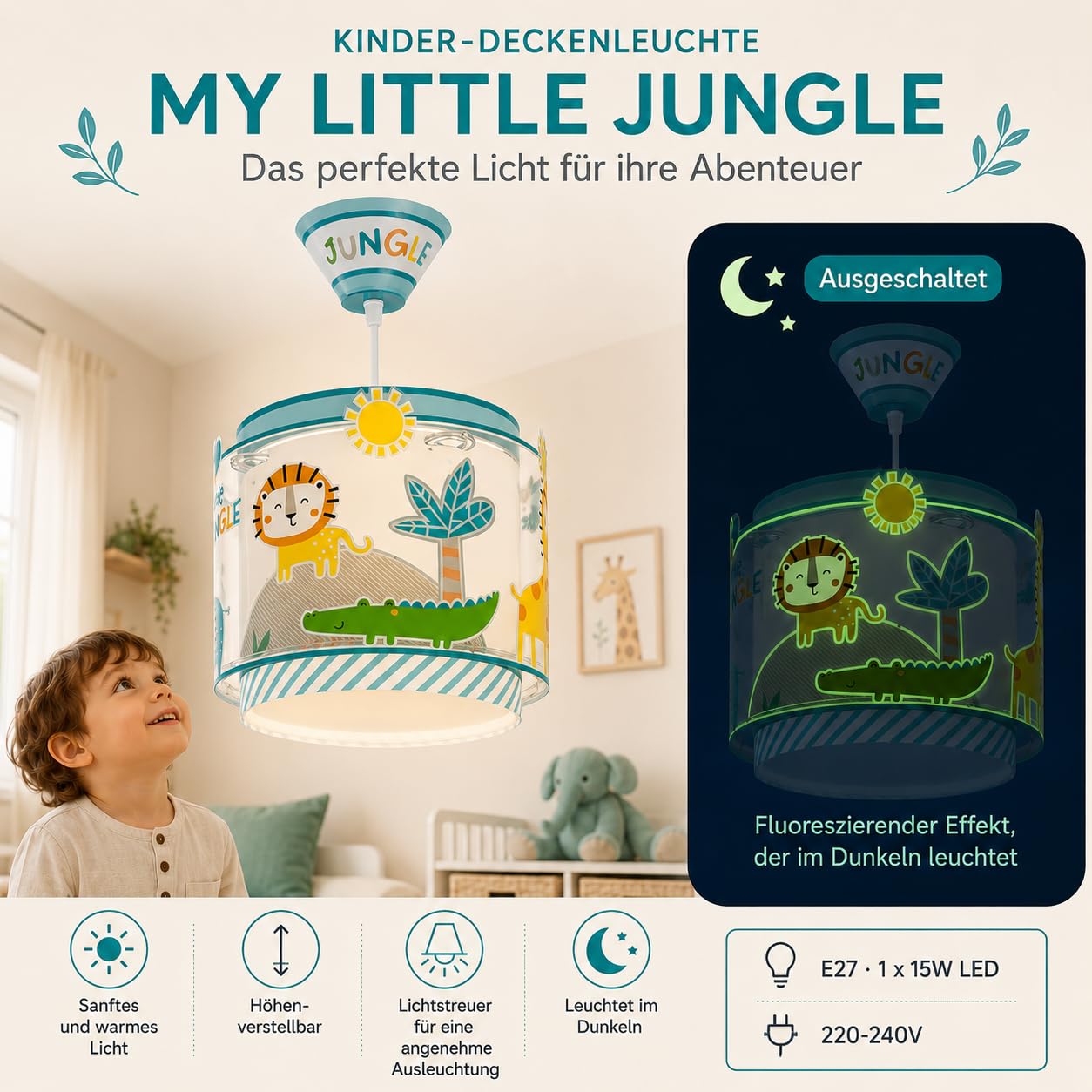 Dalber Kinder Pendelleuchte My Little Jungle Tiere 76112M | Hängelampe; Deckenleuchte; Kinderzimmer; E27 - 1 x 15W