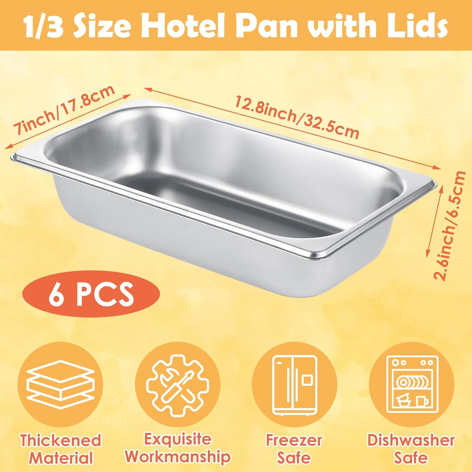 6 Pack 1/3 Hotel Pans 2.5 Inch Deep Stainless Steel Food Pan 1/3 Size 2.5" Deep Steam Table Pan Stainless Steel Commercial Food Pans for Hotel, Restaurant, Buffet, Home