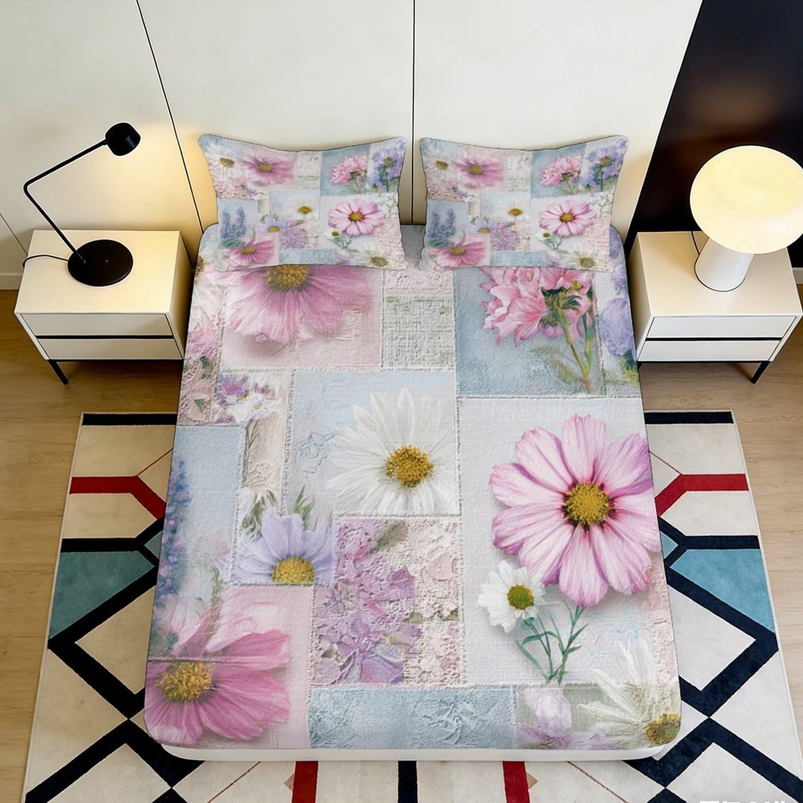 3D Printed Pink Daisy Blossom Fitted Sheet Microfiber Soft Floral Mattress Cover for Bedroom Guest Room Easy Care 90x200x25cm