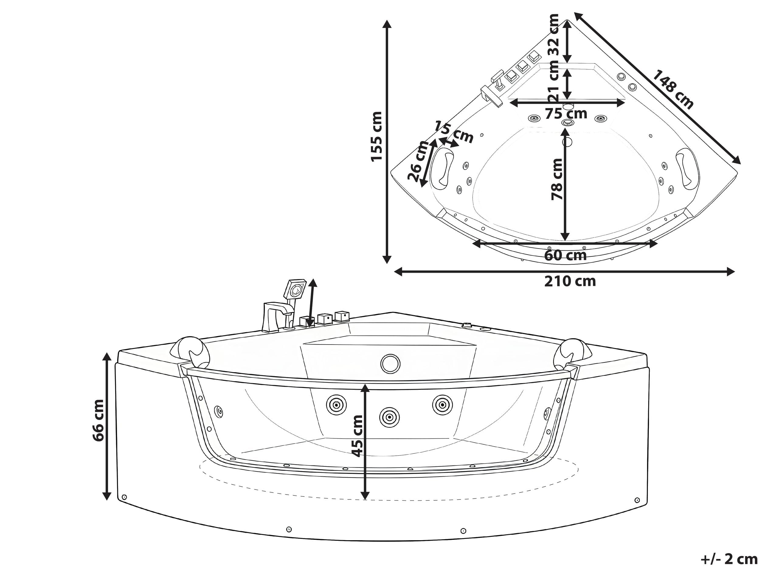 Wanna narożna z hydromasażem oświetlenie LED SPA akrylowa stalowa armatura 210 x 148 cm zagłówki biała Tamula