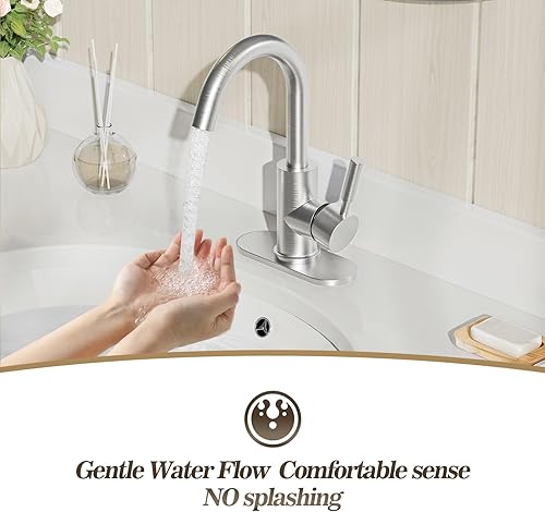 Miniatura 4 de Phiestina WE08E-BN - Grifo de lavabo de baño de una sola manija con placa de cubierta de 4 pulgadas y drenaje de metal, apto para instalación de 1 o