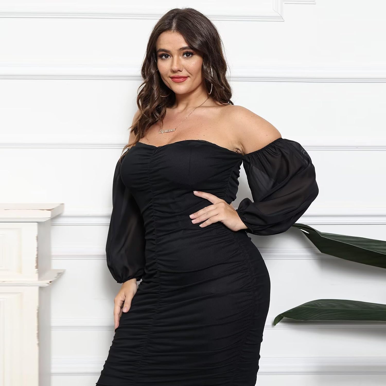 EDITCOZY Women Plus Size Dresses Curvy Off Shoulder Long Sleeve Cocktail Wedding Guest Bodycon Club Midi Dress - Image 5