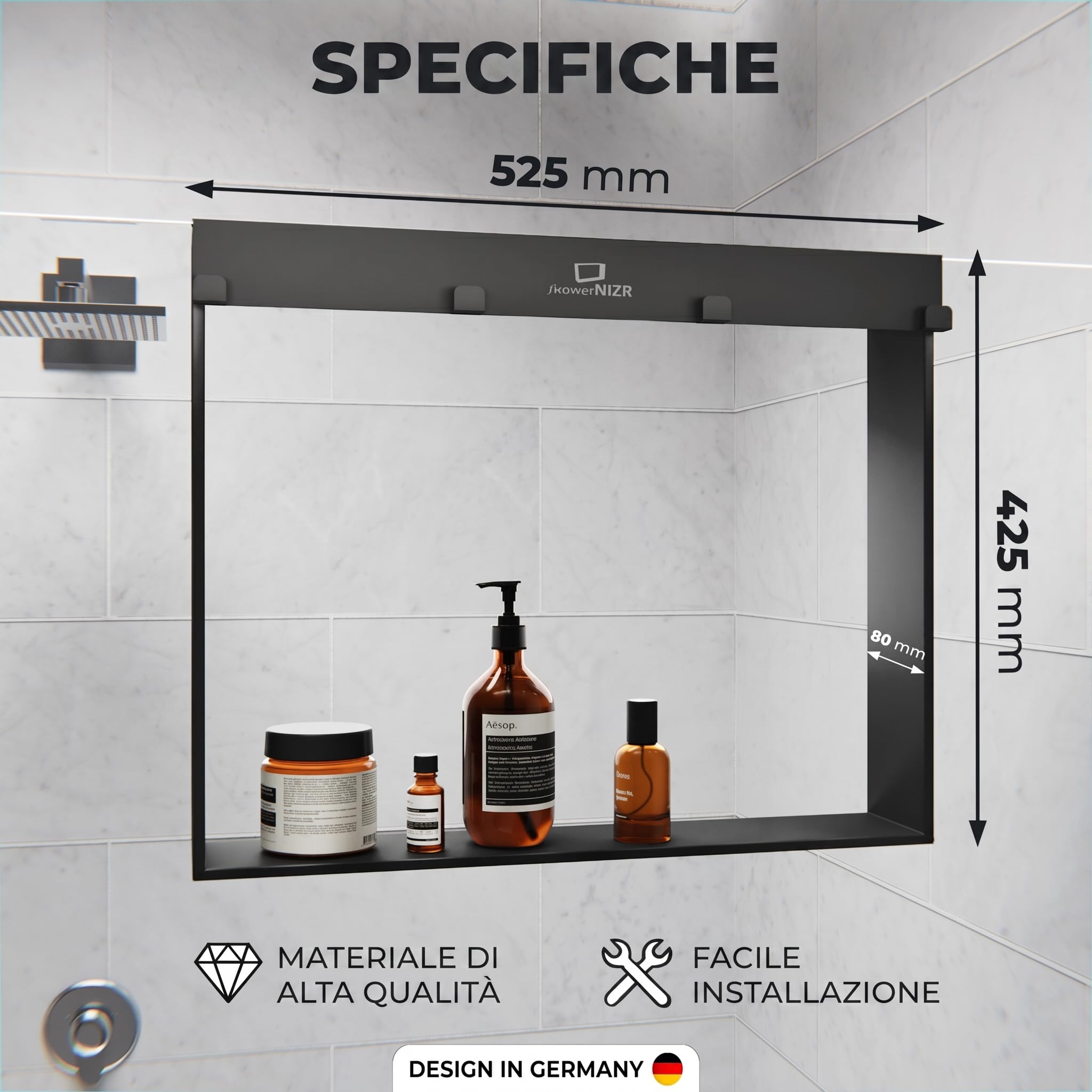 ShowerNIZR Mensola doccia Grey - Mensola doccia senza foratura da appendere alla parete in vetro in acciaio inox con 4 ganci porta shampoo per organizer doccia moderno e ordine nel box doccia