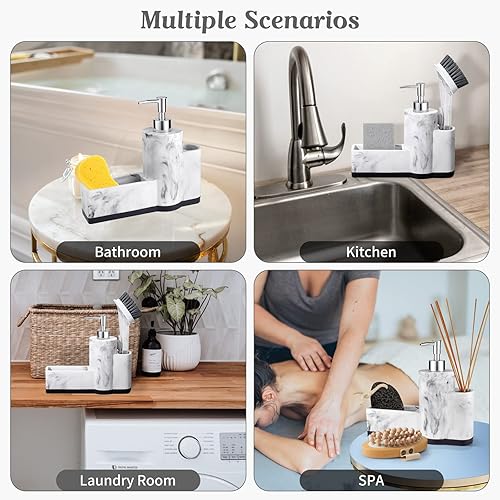 Vista 5 de zccz Dispensador de jabón con soporte de esponja y soporte para cepillo, dispensador de jabón de cocina con patrón de mármol, dispensador de jabón